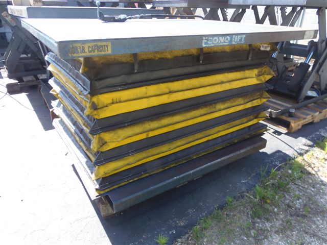 ECONO LIFT AIR OPERATED LIFTING TABLE, 50" X 60", 6000LB. CAP, SAFETY SKIRT, 36" LIFT HEIGHT, FORK POCKETS, 2005