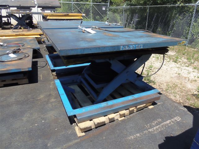 ECONO LIFT AIR OPERATED LIFTING TABLE, 50" X 60", 6000LB. CAP, SAFETY SKIRT, 36" LIFT HEIGHT, FORK POCKETS, 2005