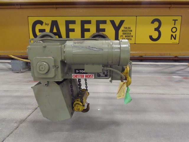 3 TON GAFFEY OVERHEAD CRANE, 39' SPAN, 6000 LB CHESTER HOIST, HAND HELD PENDENT