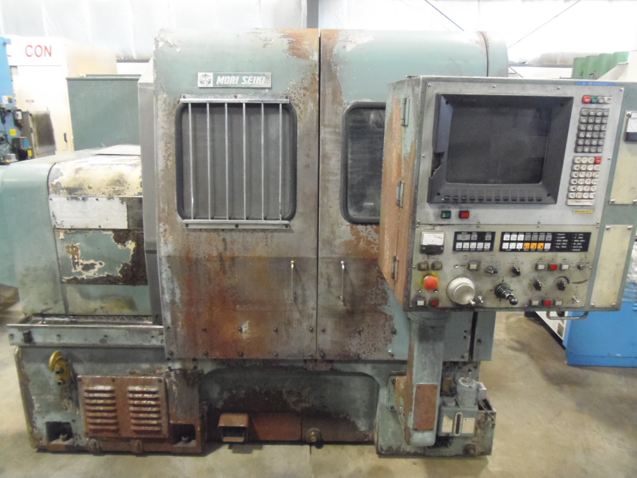 MORI SEIKI SL-3H CNC LATHE, 22" SWING, 21" CC, 10" 3-JAW CHUCK, TAILSTOCK, FANUC OT, 1984, LOTS OF WORK HOLDING
