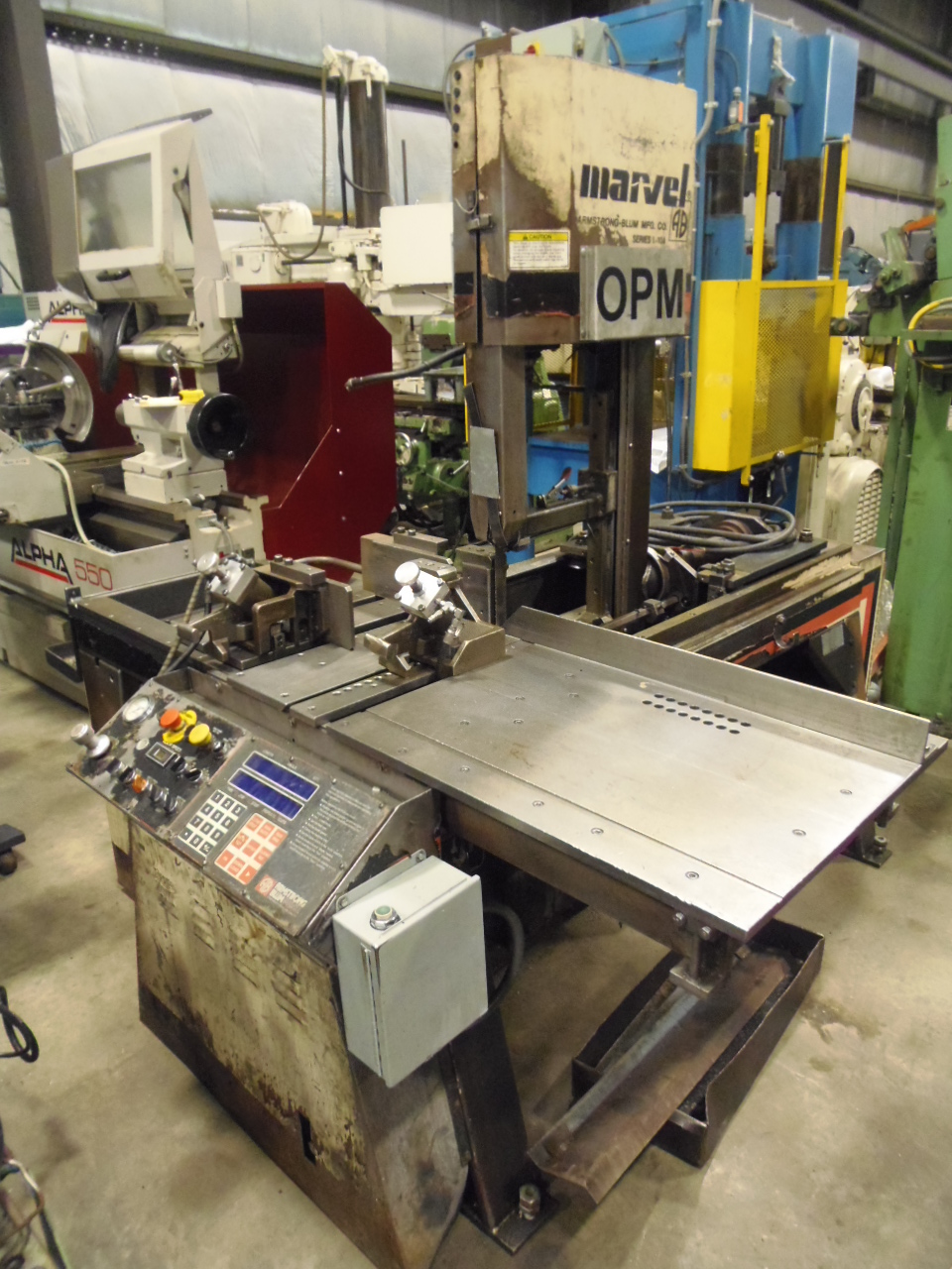 10" x 14" MARVEL V-10A2PC VERTICAL MITERING BAND SAW, 13' 6" BLADE, PROGRAMMABLE CONTROL, 20' CONVEYOR, 1997