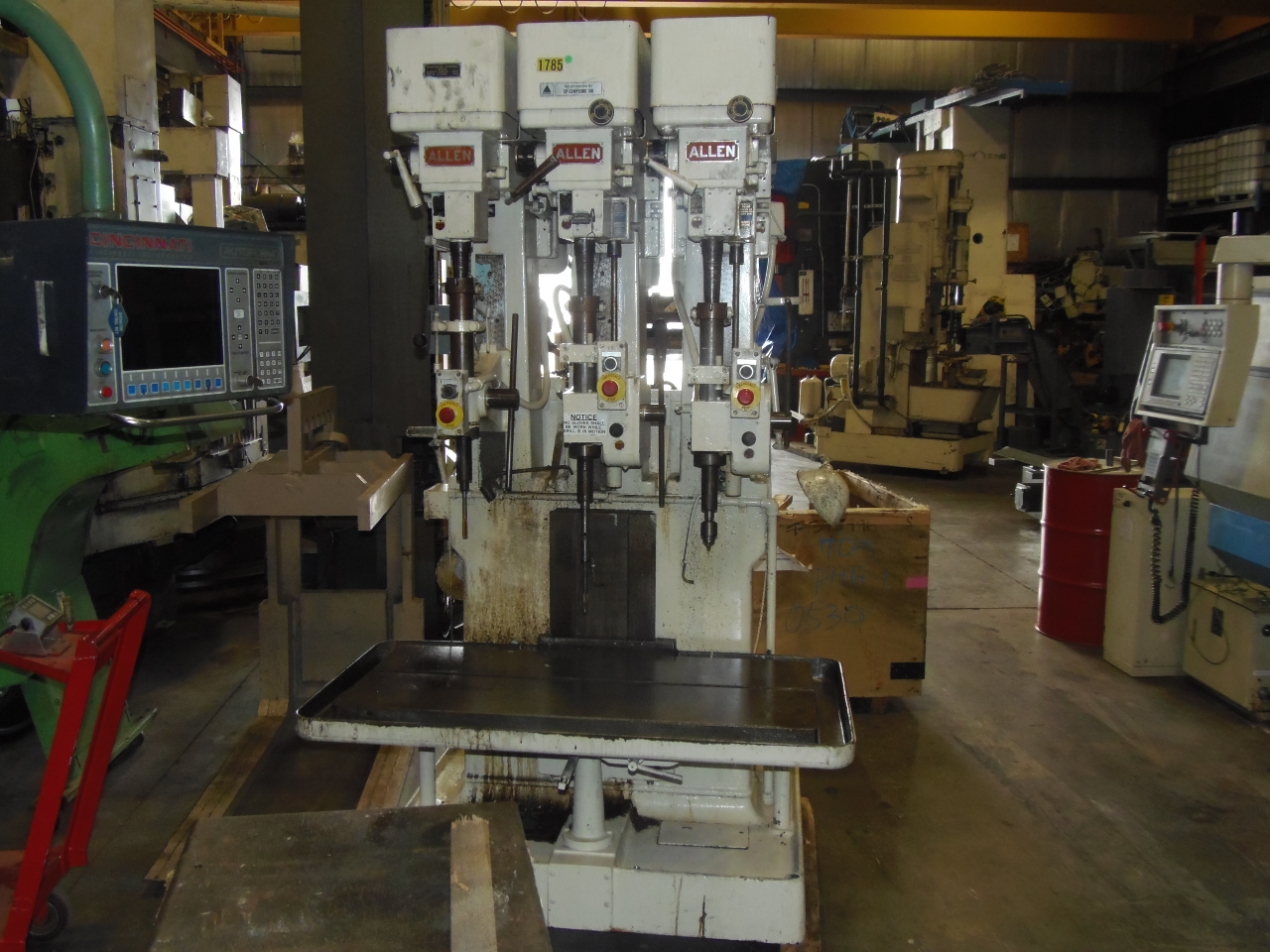 3 SPINDLE DRILL PRESS, ALLEN, 24" SWING, MODEL 2 1/2, 28" X 53" TABLE, 3 HP, TAPPING HEAD, COOLANT, POWER FEED, BACK GEAR AND DIRECT DRIVE, 