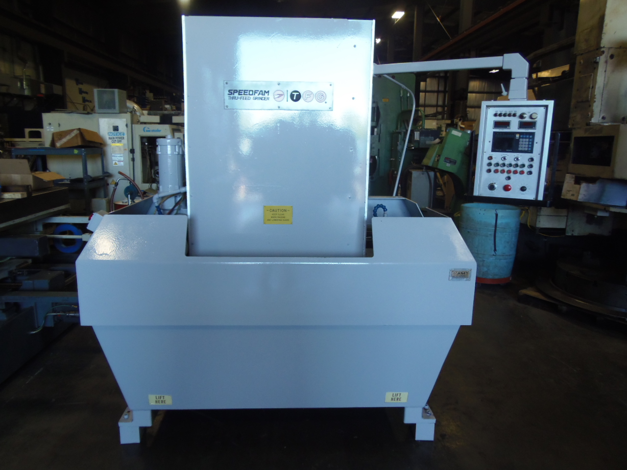 SPEEDFAM 625TFG THRU FEED GRINDER, 25 HP, 4 POST DESIGN, 6" X 6" PART CAP., AIR GAUGE SIZING,1999